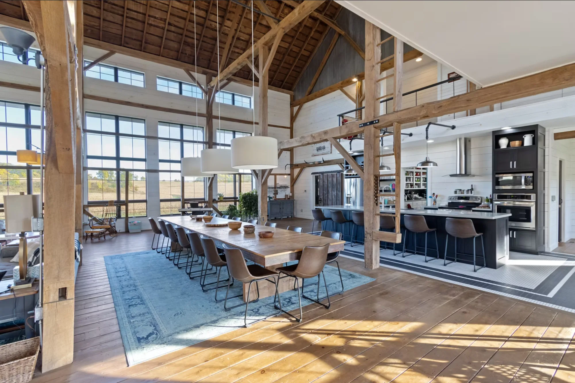 The Pelton barn — chandelier and timber rafters